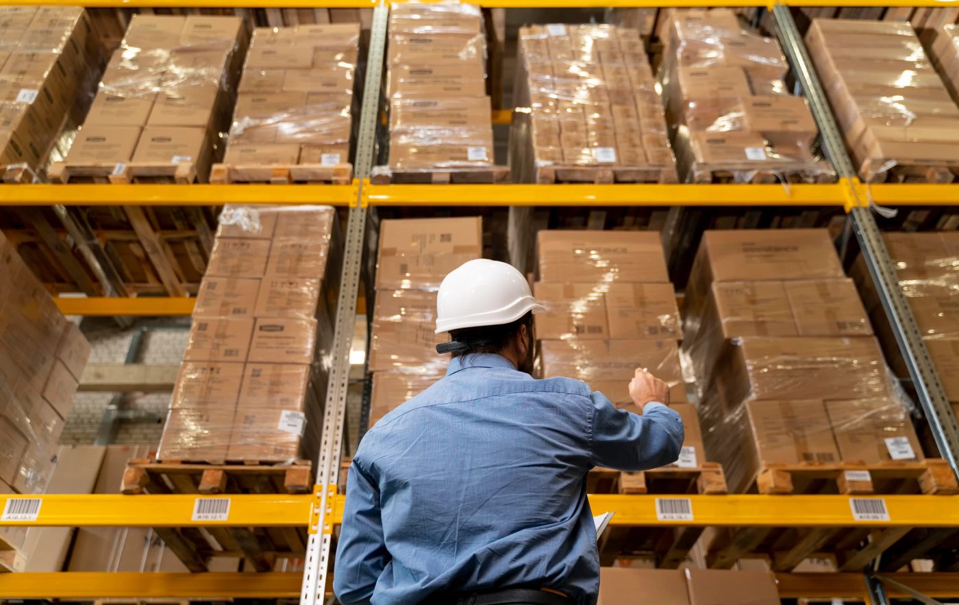 Warehouse manager checking boxes on racking